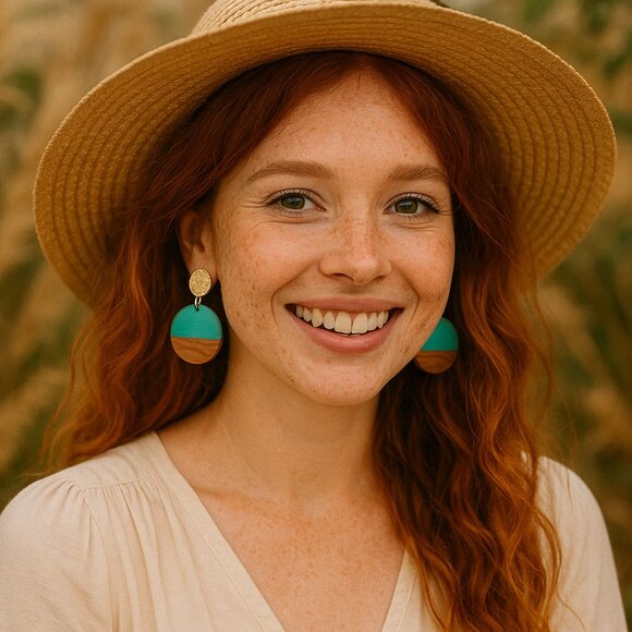 ๐๏ธBoho Chic Turquoise Resin And Wood Drop Earrings Casual Elegant Trendy Design - Picture 3 of 12